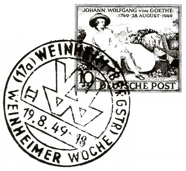Sonderbriefmarke mit Sonderstempel zur 1. „Weinheimer Woche“ nach dem 2. Weltkrieg