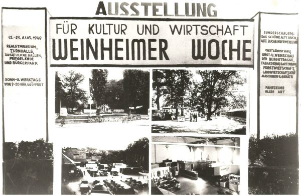 Collage mit Eindrücken der Stände auf der Weinheimer Woche 1949.