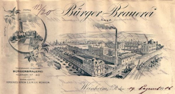Briefkopf einer Weinheimer Brauerei mit Vogelperspektive auf das Werk.